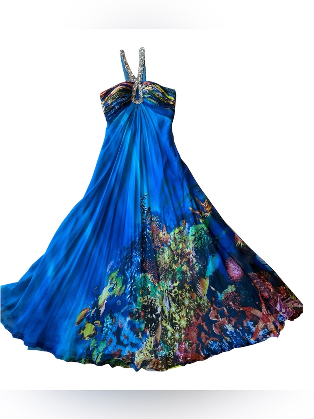Night Moves Y2K Ocean Print Blue Prom Dress One Shoulder Jewelled Sequins size 4